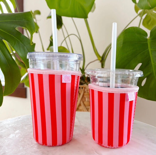 Coffee Cup Cover - Pink & Red Stripes - Iced Drink Sleeve