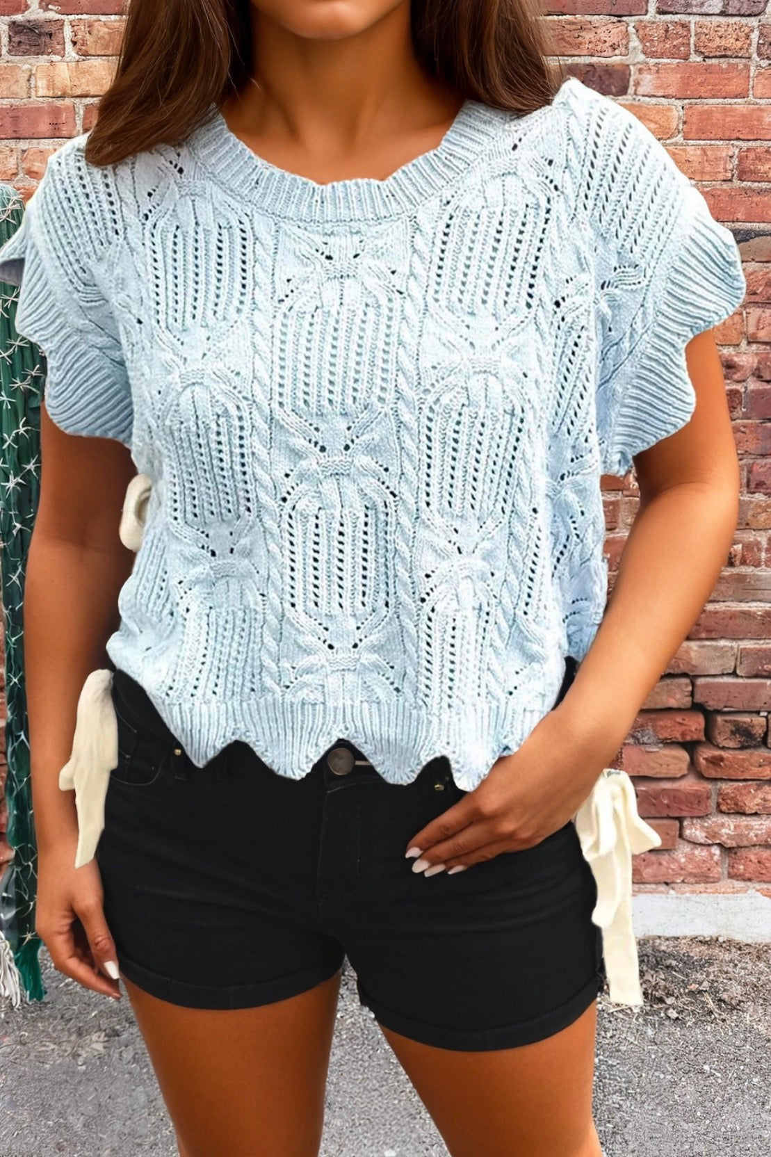 Pointelle Patterned Knit Scalloped Trim Short Sleeve Sweater